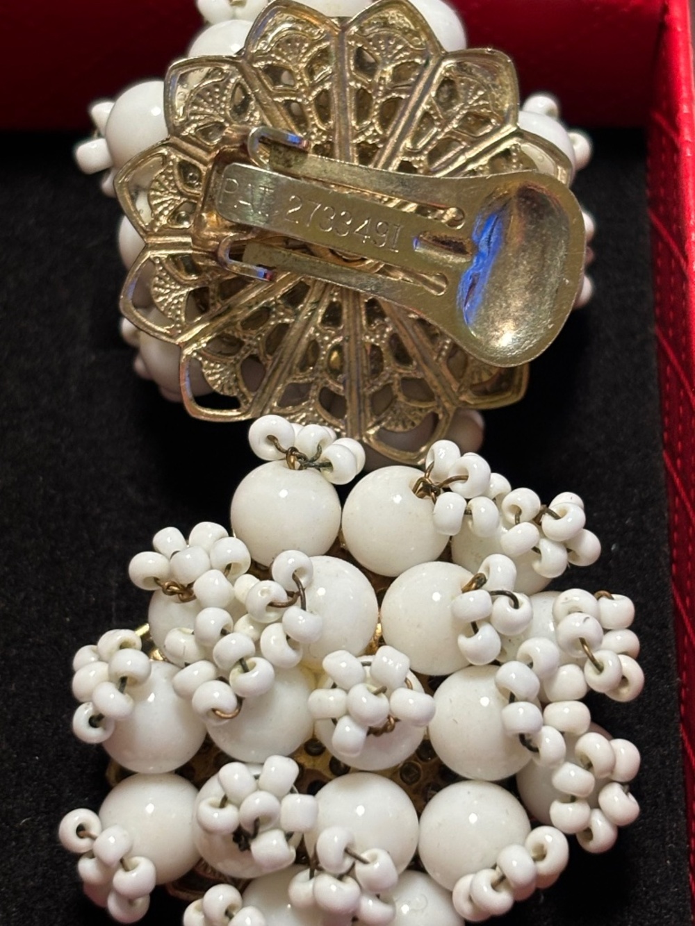 Vintage White Milk Glass Bead Cluster Clip On Earrings PAT 2733491 Gold Tone